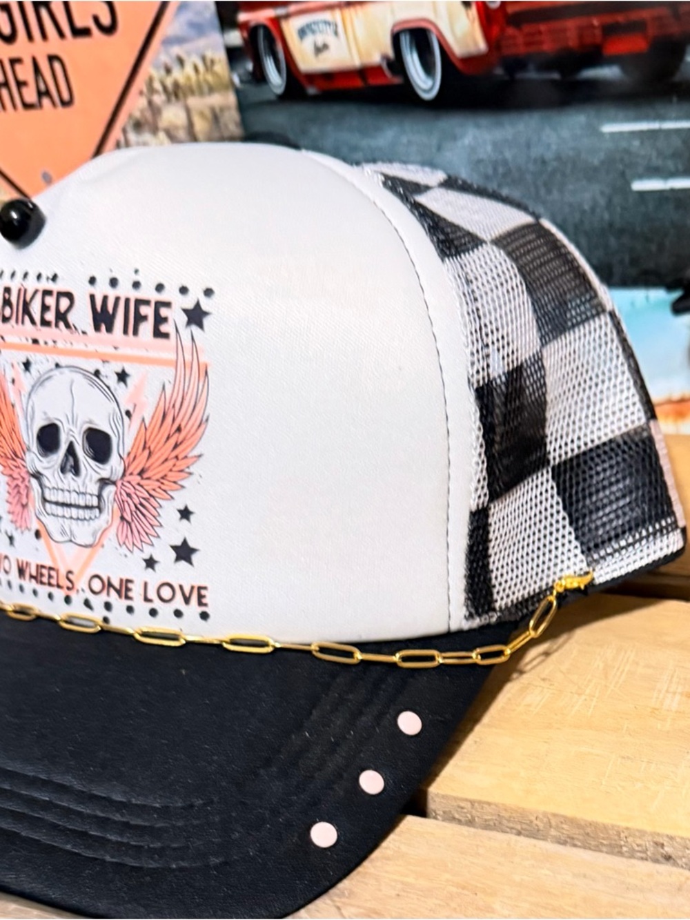 Biker Wife Skull Trucker Hat - White & Black - Picture 4 of 5